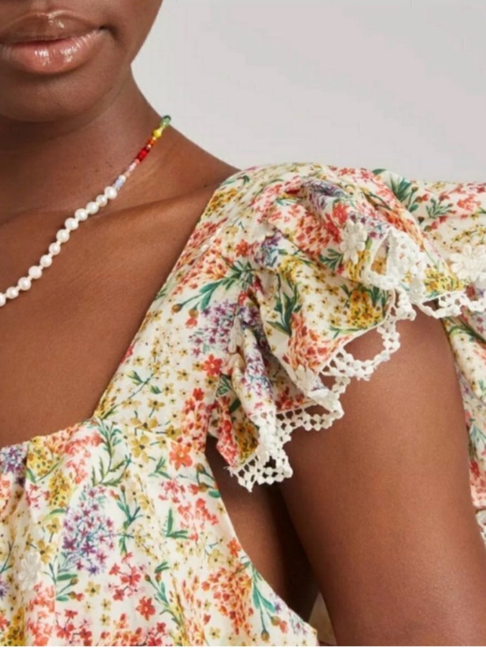 Farm Rio Cream Floral Ruffle-Sleeve Top - Picture 4 of 8